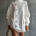 White Oversized Buttoned Turtleneck Sweater Dress