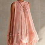 Pink Pleated Chiffon Mini Dress With Ruffled Hem
