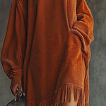 24-Hour-Shipping Orange Corduroy Loose Tassel Hem High Collar Dress