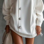 White Oversized Buttoned Turtleneck Sweater Dress