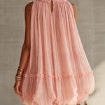 Pink Pleated Chiffon Mini Dress With Ruffled Hem