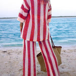 Loose V-Neck Fashion Hollow Out Striped Shirt Wide Leg Pants Set