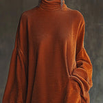 24-Hour-Shipping Orange Corduroy Loose Tassel Hem High Collar Dress