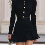 Elegant Black Ribbed Knitted Mini Skirt With Gold Buckle Ruffle Hem