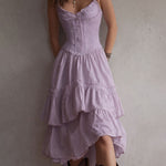 Retro Boho Corset Tiered Midi Dress With Lace-Trim