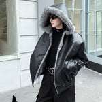 Winter Faux Fur Reversible Hooded Leather Coat