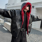 Winter Faux Fur Reversible Hooded Leather Coat