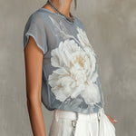 Sheer Blue Floral Print Chiffon Blouse