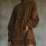 Brown Faux Suede Turtleneck Oversized Dress With Fringe Detail