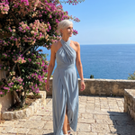 Vaelora | Cross Halter Draped Side Slit Midi Dress