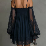 Navy Off-Shoulder Lace Trim Chiffon Mini Dress With Sheer Sleeves