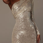One-shoulder Wrapped Sequins Evening Dress