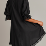 Black Textured Lace Trim Irregular Hem Puff Sleeve Mini Dress