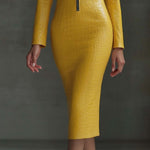 Stylish Yellow Textured Faux Leather Midi Bodycon Dress With Zipper