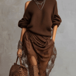 24-Hour-Shipping Chocolate Knit Off Shoulder Tulle Long Sleeve Midi Dress