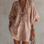 Pink Cotton Linen Mini Dress With Vintage Floral Embroidery