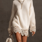 24-Hour-Shipping White Turtleneck Knit Mini Dress With Lace Trim