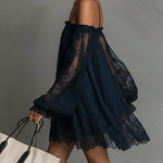 Navy Off-Shoulder Lace Trim Chiffon Mini Dress With Sheer Sleeves