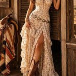 Bohemian floral ruffled tiered high-slit maxi dress(Belt not included)