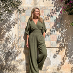Emene | Draped V Neck Wide Leg Relaxed Jumpsuit