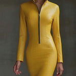 Stylish Yellow Textured Faux Leather Midi Bodycon Dress With Zipper