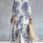 Bohemian Blue Floral Button-down Maxi Dress