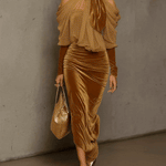 Light Brown Velvet Bodycon Maxi Dress With Chiffon Blouse Set