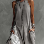 Color Block Gray Sleeveless Cotton Linen Maxi Dress