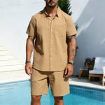 KZZ Men's Summer Striped Linen Shirt and Straight-Leg Shorts Set