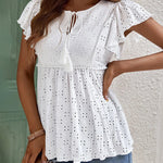 Zeagoo Eyelet Tie-Neck Flutter-Sleeve Top Solid Color Casual Blouse for Women Casual Work Office Loose Fit 2026 | Under $40