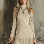 Brown High-neck Off-shoulder Tassel Faux Suede Long-sleeved Mini Dress