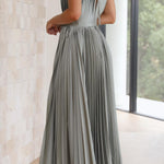 Elegant Satin Pleated V-neck Flowing Midi Dress