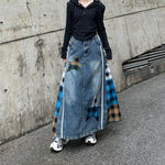 Paneled Contrast Plaid High-waist Denim Skirt