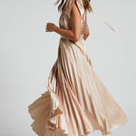 Elegant Satin Pleated V-neck Flowing Midi Dress