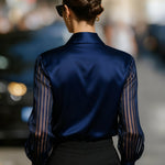 Black Spliced Satin Long-sleeved Loose-fitting Shirt