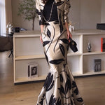 Elegant Satin Printed Cropped Jacket & Mermaid Maxi Skirt Set