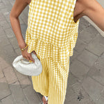 French Style Plaid Ruffled Hem Top and Pants Set