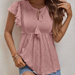 Zeagoo Eyelet Tie-Neck Flutter-Sleeve Top Solid Color Casual Blouse for Women Casual Work Office Loose Fit 2026 | Under $40
