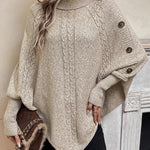 Alexis | High Neck Batwing Poncho Sweater, Asymmetrical Cable Knit Pullover