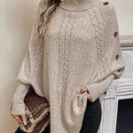 Alexis | High Neck Batwing Poncho Sweater, Asymmetrical Cable Knit Pullover