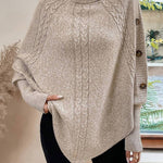 Alexis | High Neck Batwing Poncho Sweater, Asymmetrical Cable Knit Pullover