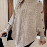 Alexis | High Neck Batwing Poncho Sweater, Asymmetrical Cable Knit Pullover
