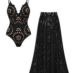 Black Laser Cutting Flower Hollow One Piece Swimsuit and Skirt