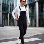 KZZ Men's Solid-Color Distressed Denim Overalls with Pockets