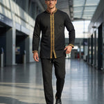 KZZ Men's ethnic style mini stand-up collar top and pants set