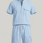 KZZ Men's Casual Short-Sleeve Stand-Collar Shirt and Shorts