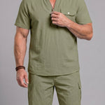 KZZ Men's Casual Short-Sleeve Stand-Collar Shirt and Shorts