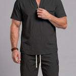 KZZ Men's Casual Short-Sleeve Stand-Collar Shirt and Shorts
