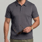 KZZ Men's Solid-Color Cable-Knit Short-Sleeve Polo Shirt