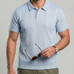 KZZ Men's Solid-Color Cable-Knit Short-Sleeve Polo Shirt